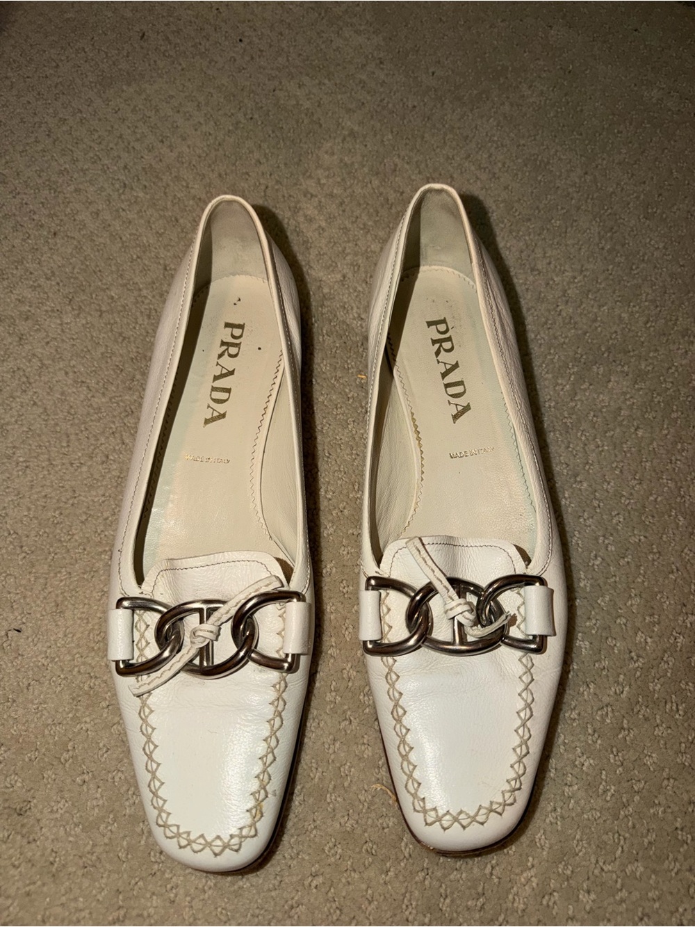 Prada White Leather Chain-Link Loafers